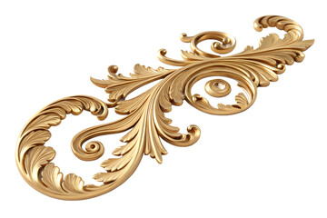 Ornate golden decorative element with intricate swirls and leaves, isolated on a transparent background. Ideal for design and embellishment purposes.