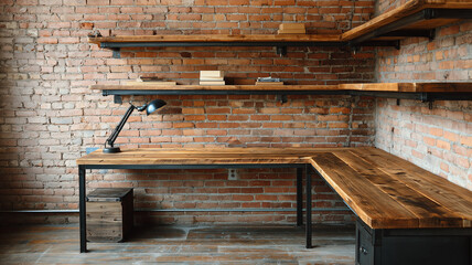 Industrial workspace corner, raw wood desk, black steel shelves, vintage desk lamp, brick wall behind