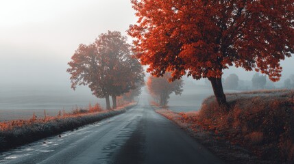 Quiet countryside road in early autumn with fog and red-orange leaves,