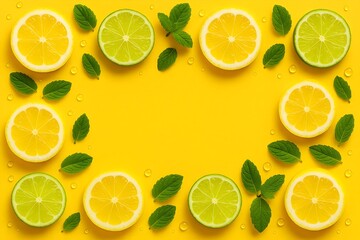 Fototapeta premium Bright yellow background with fresh lemon and lime slices mint leaves and drops of water healthy copy space 