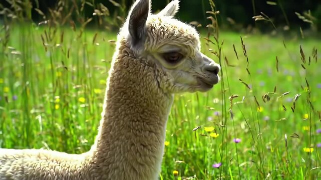 Cream Colored Baby Alpaca Portrait in Green Meadow with Wildflowers Bathed in Sunlight High Angle