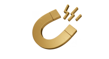 Isolated Golden Magnet Attracts Metal Power Concept on Transparent BG