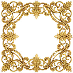 Ornate golden frame with intricate floral designs on a transparent background. The frame features swirling patterns and elegant curves, suitable for decoration.