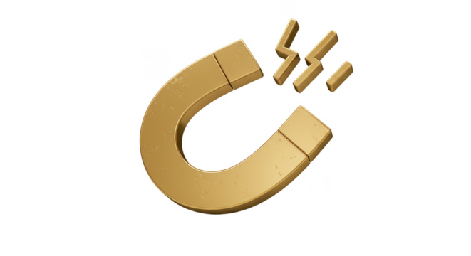 Isolated Golden Magnet Attracts Metal Power Concept on Transparent BG