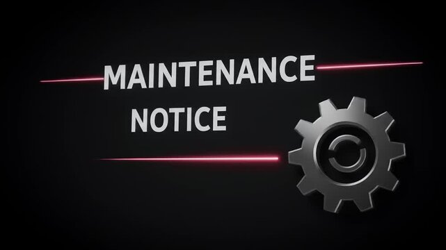 Maintenance notice displayed prominently with a gear icon on a dark background, indicating system downtime