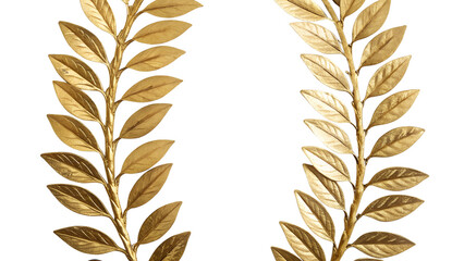 Two golden laurel branches with detailed leaves on a transparent background. Isolated PNG suitable for various design projects.