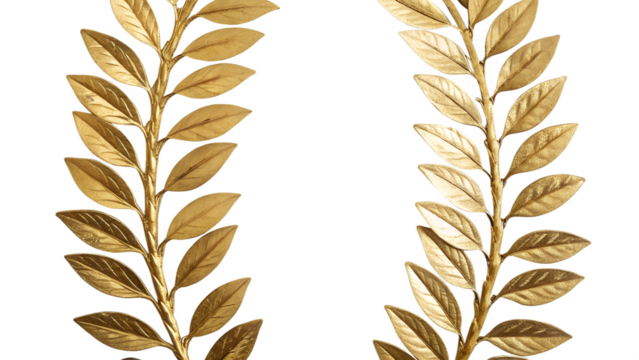 Two golden laurel branches with detailed leaves on a transparent background. Isolated PNG suitable for various design projects.