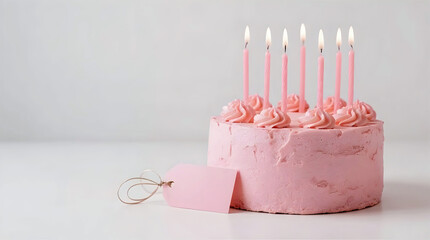 Pink Birthday Cake with Candles and Gift Tag on White Background