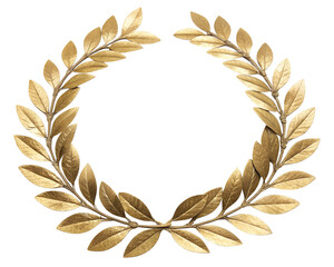 Golden laurel wreath with detailed leaves on a transparent background. Isolated design element for awards and achievements.