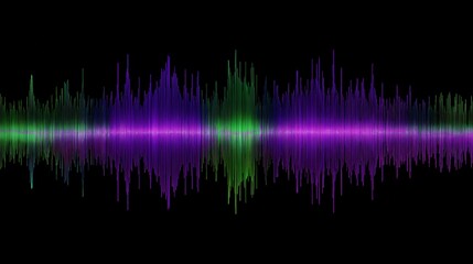Colorful soundwave pattern with sharp edges and clean lines on black background, showing vibrant purple and green audio frequency visualization in abstract style