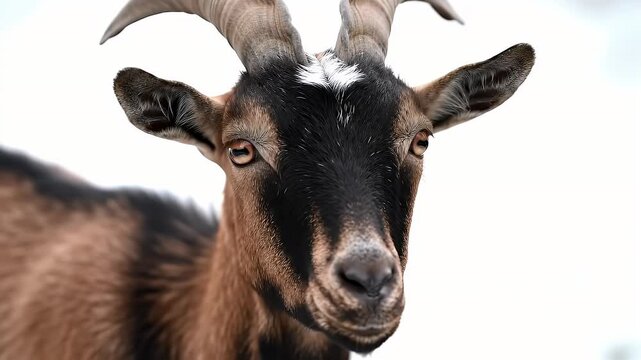 Eye Level Potrait of a Brown and Black Goat Face Featuring Horns and Snow In a Snowy White Background