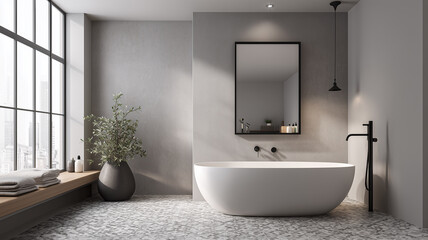 Modern minimalist bathroom, freestanding white oval bathtub, matte black fixtures, large mirror