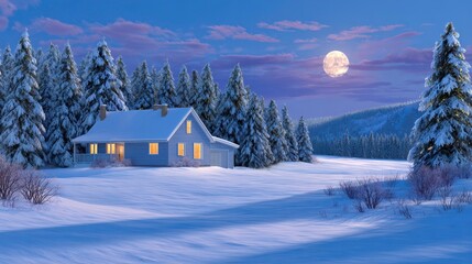 Winter Cabin, Snow Landscape, Cozy Home, Moonlight, Scenery