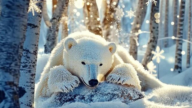 White bear resting in a snowy winter forest