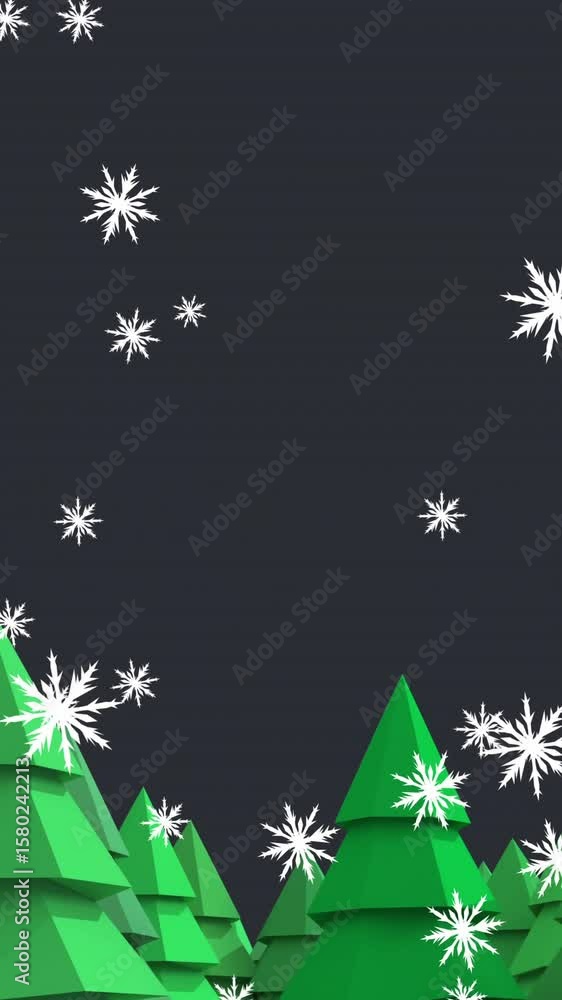 Poster animation of snow falling over fir trees on grey background