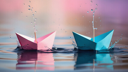 Pink blue paper boats floating water splashes image