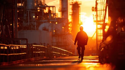 A silhouette of a worker walking at sunset near an industrial site, showcasing the fusion of nature and industry.