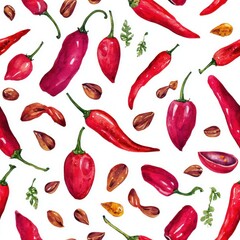Vibrant Red Chili Peppers and Seeds in Bright Pattern seamless pattern