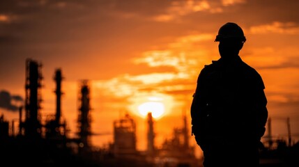 Fototapeta premium A silhouetted worker stands against a dramatic sunset in an industrial landscape, highlighting labor and dedication.