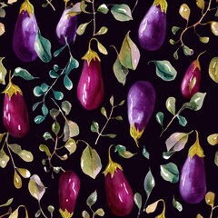Vibrant Eggplant Pattern with Green Foliage on Black Background seamless pattern