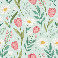 Title: "Fresh Spring Floral Pattern with Tulips, Daisies, and Wildflowers"

