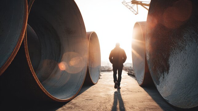 A solitary figure walks among large industrial pipes at sunset, symbolizing work and progress in construction.