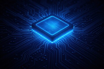 Neon Microchip: A futuristic digital artwork showcases a glowing microchip, bathed in an electric blue light, symbolizing technological innovation, computational power and interconnectedness.