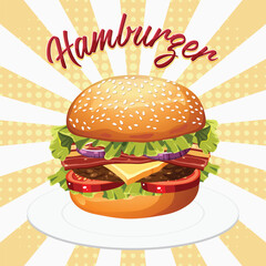 3D burger icon. 3d rendering of delicious cheeseburger. Fast food 3d realistic render vector icon hamburger. Meatloaf tomato vegetarian dish. Modern cartoon 3D icon for UI interface