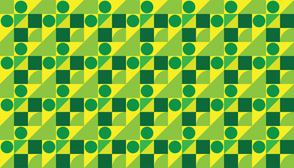 Geometric pattern with circles and triangles in green and yellow, arranged in a diagonal tile layout