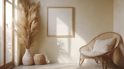 Modern beige interior mockup with wooden frame, pampas grass vase, wicker chair, and soft natural tones 