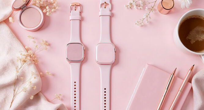 Fashion and Beauty Influencer Workspace with Smartwatch, smart ring, Cosmetics and Coffee Cup in Pink Tones, background