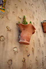 Rustic terracotta pot with chipped rim holds small succulents, mounted on a textured stone wall...
