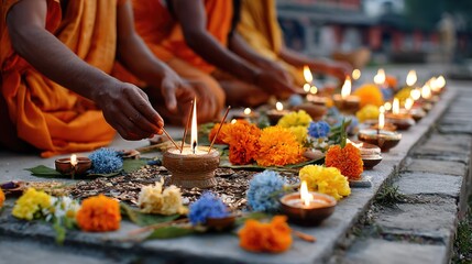 Monks priests performing a puja ritual at dawn