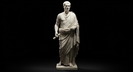 White marble statue of a Roman man in a toga holding a scroll against a stark black backdrop
