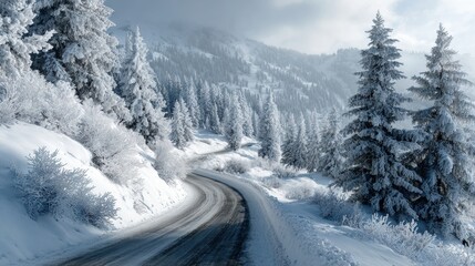 Snow-covered road cutting through a winter wonderland, pine trees with