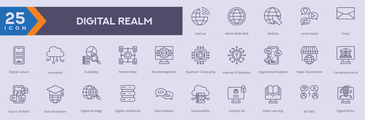 Digital Realm icons collection vector images in outline style.
containing several internet, world wide web, website, social media, email, mobile apps, cloud. can also be used for Web and application.