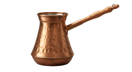 Isolated Copper Turkish Coffee Cezve Pot with Wooden Handle Transparent Background