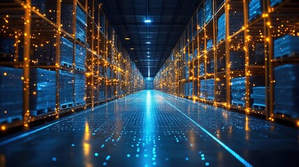 AI-powered supply chain glowing with digital efficiency in a smart warehouse