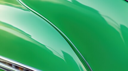 Retro Green Car with Chrome Details Close-up, Minimalist Abstract Background, 2/3 Copy Space for Text Overlay in Advertising