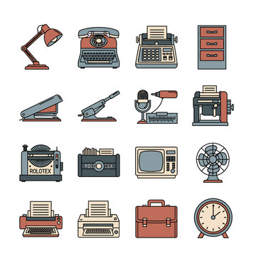 Retro Office Equipment Icons: Vintage Telephone, Typewriter, Lamp, and More. Generated image