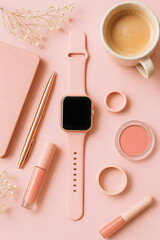 Fashion and Beauty Influencer Workspace with Smartwatch, smart ring, Cosmetics and Coffee Cup in Pink Tones, background