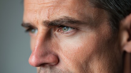 Obraz premium Man looking back with uncertain eyes and head tilted slightly, showing detailed skin texture and focused expression in close up portrait