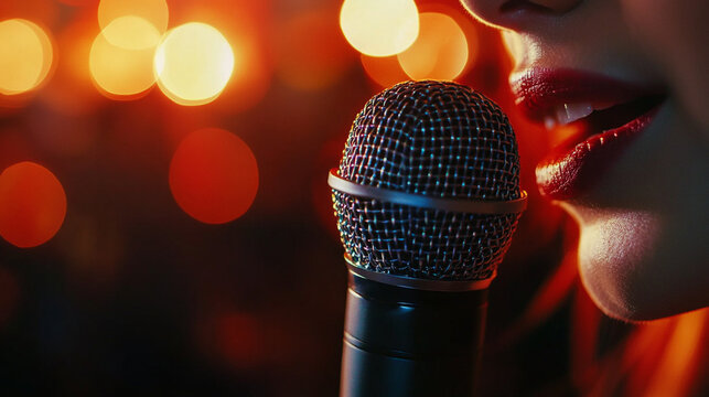 Close-up of lips and microphone, interpreter whispering simultaneously, soft bokeh of audience in background