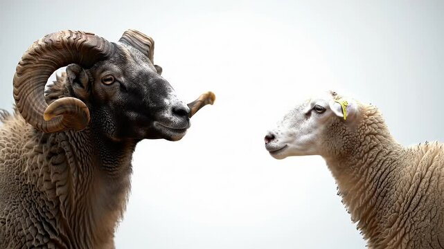 Majestic Ram with Curved Horns Standing Next to a White Sheep in Bright White Background Perfect for Nature Documentaries and Education