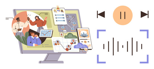 Computer monitor displaying multimedia files, team communication, data charts, user profiles, workflow graphs, and audio control elements. Ideal for technology, teamwork, productivity communication