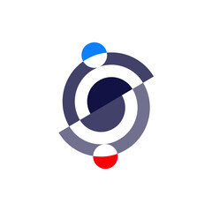 A graphic logo featuring abstract, interlocking circles in dark blue and shades of gray, with a red and a blue semi-circle accentuating the design