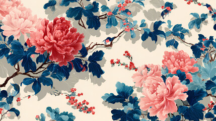 Japanese Traditional Watercolor Pattern with Elegant Floral Motifs and Seamless Design for Vintage Oriental Backgrounds Stock Illustration