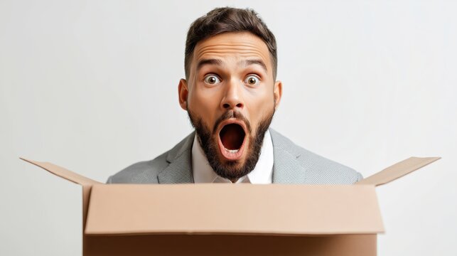 Man opening cardboard box with surprised expression and wide open mouth, wearing gray suit and white shirt, isolated on white background - Powered by Adobe