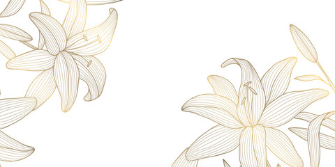 Vector flower gold line background, plant spring blossom corners, leaves floral lily frame. Chinese, japanese oriental nature border.