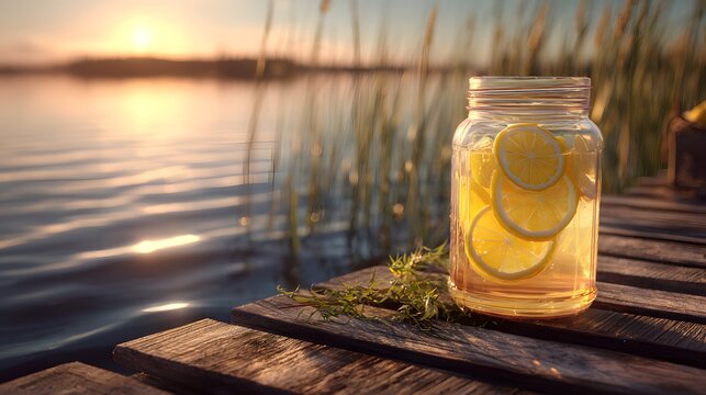 Ground level angle of chilled iced tea jar lemon slices placed a rustic wooden dock by a peaceful lake reeds and sunset reflections in the background calm atmosphere light wind effect in water surface